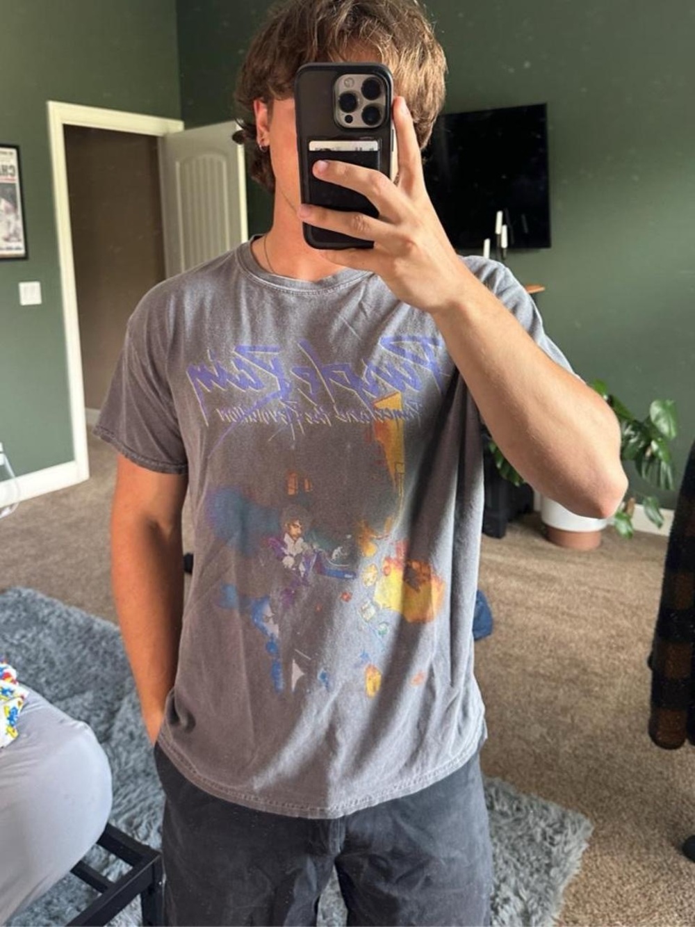Prince Purple Rain Graphic Tee - Charcoal with Purple & Yellow Artwork